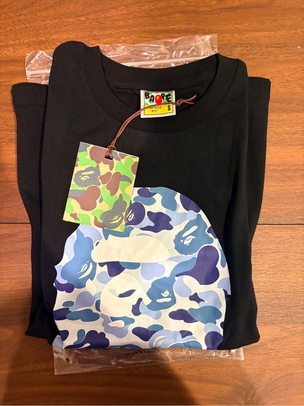 Bape Black Tee with Blue & White Camo Ape Graphic